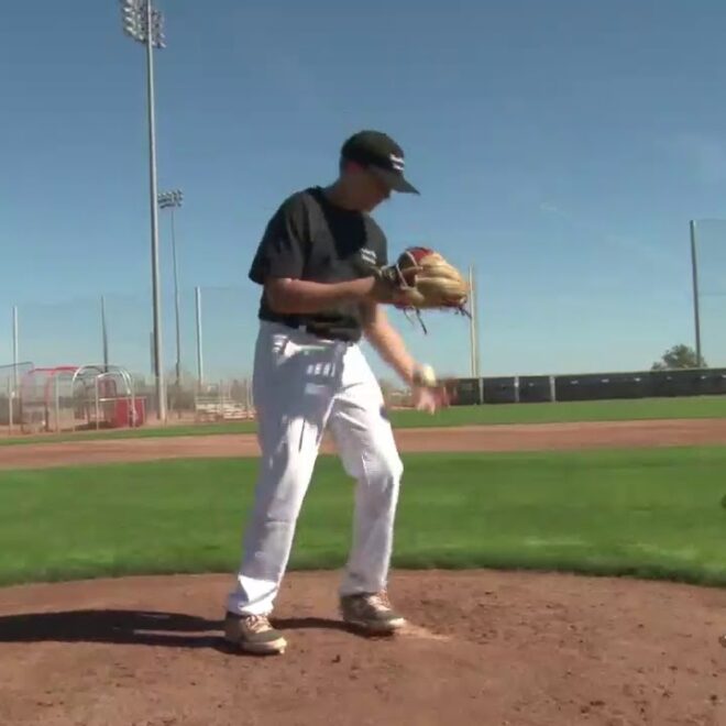 Pitch slips from pitchers hand and drops in front of the mound ...