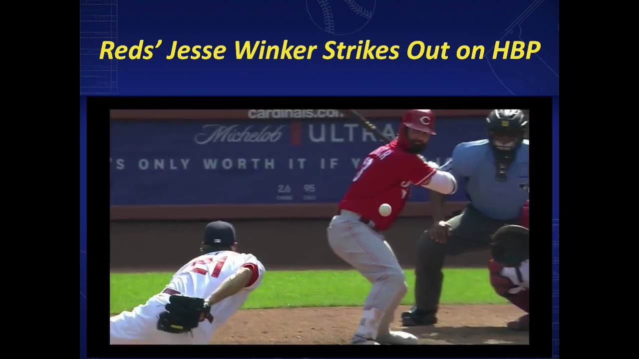 Reds' Jesse Winker Strikes Out on HBP Baseball Rules Academy